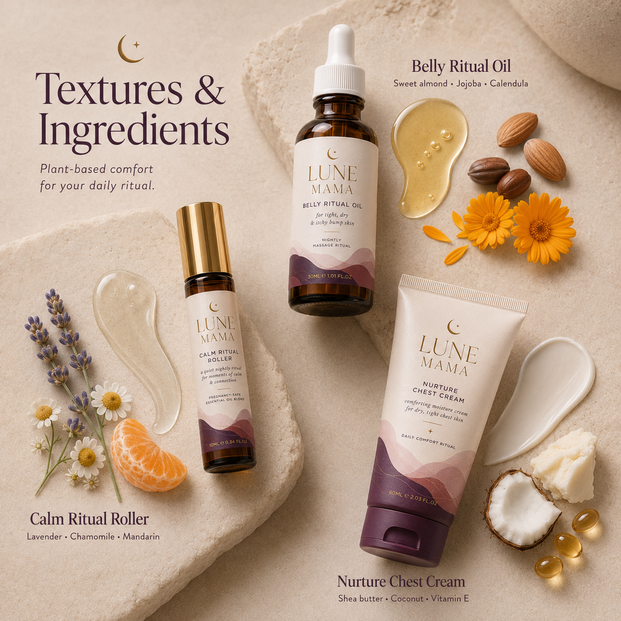 Calm Ritual Roller with textures & ingredients